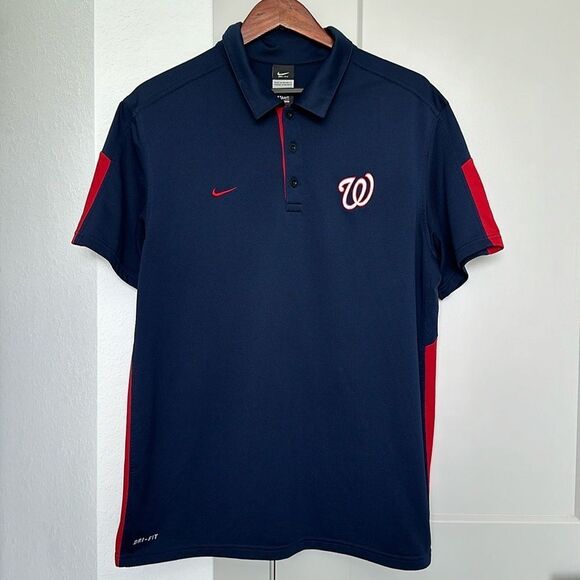 NIKE WASHINGTON NATIONALS NAVY BLUE RED DRI FIT POLO MENS LARGE - Picture 1 of 6